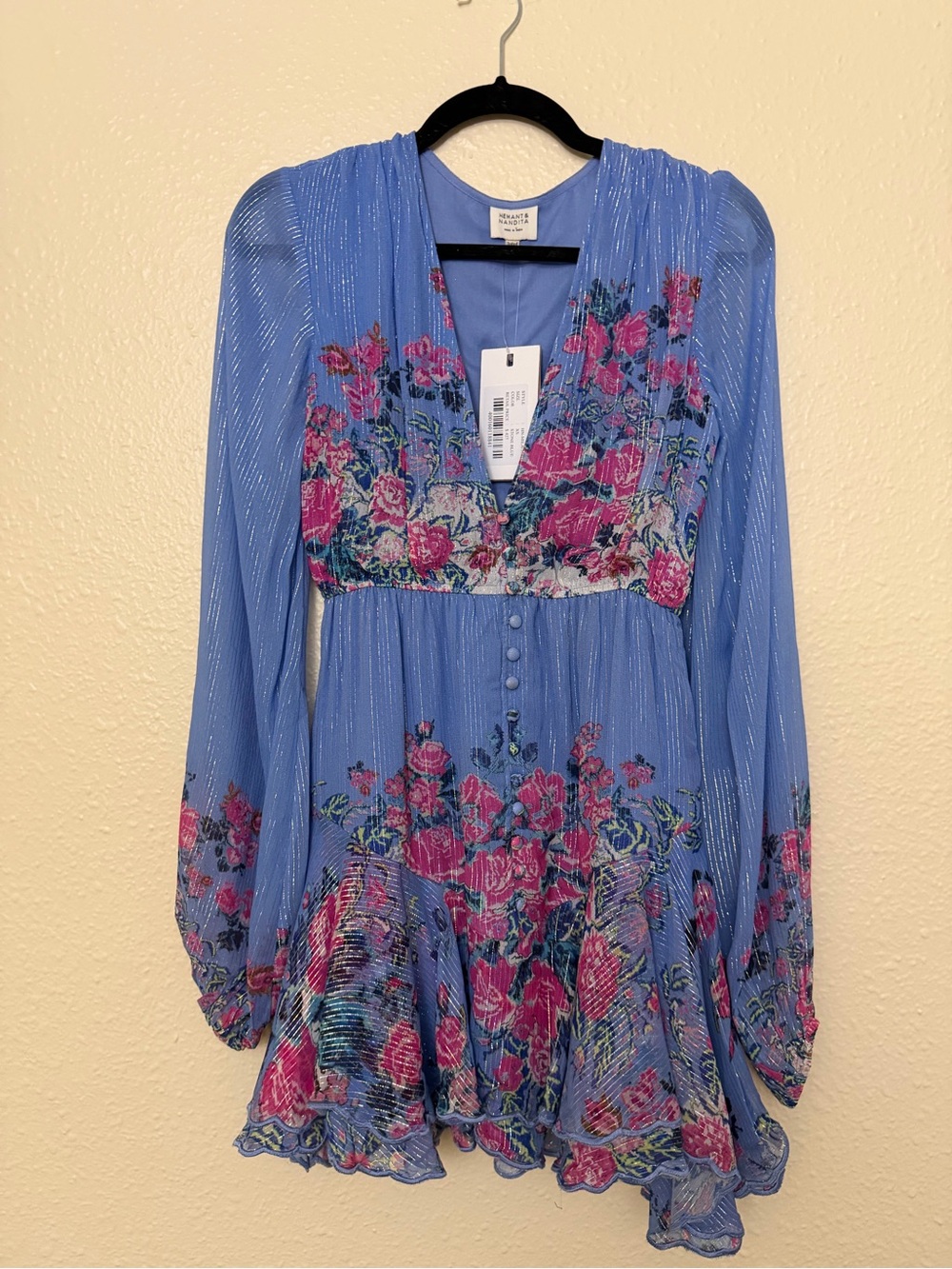 NWT HEMANT & NANDITA Blue Long-Sleeve Floral Embroidered V-Neck Dress